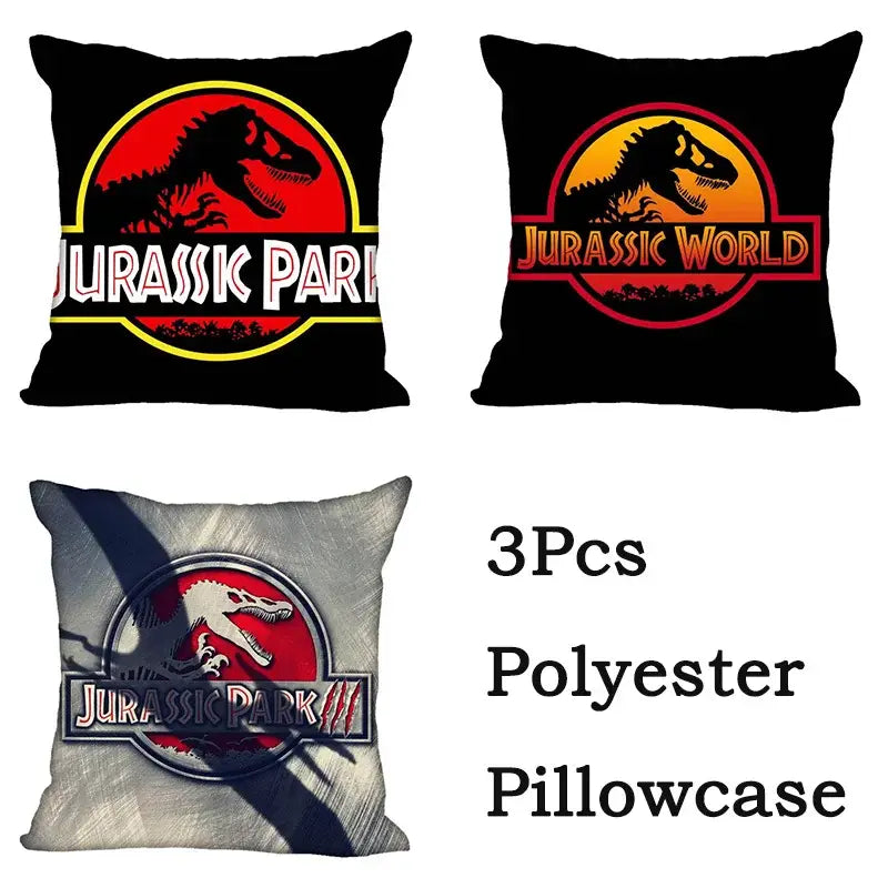 Black polyester pillowcases featuring decorbites jurassic park dinosaur logos in red yellow and white for living room decor