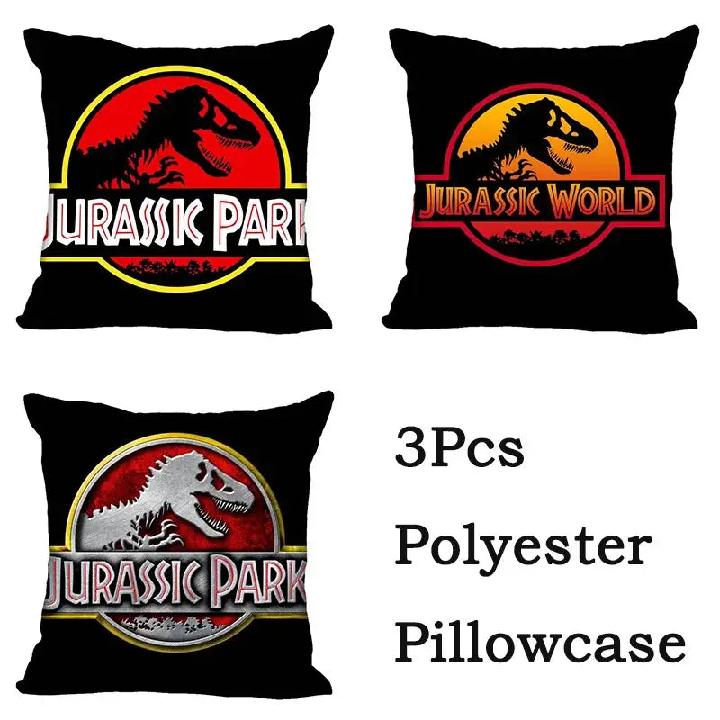 Black polyester decorbites jurassic park dinosaur pillowcase set with red yellow and silver logos for living room decor