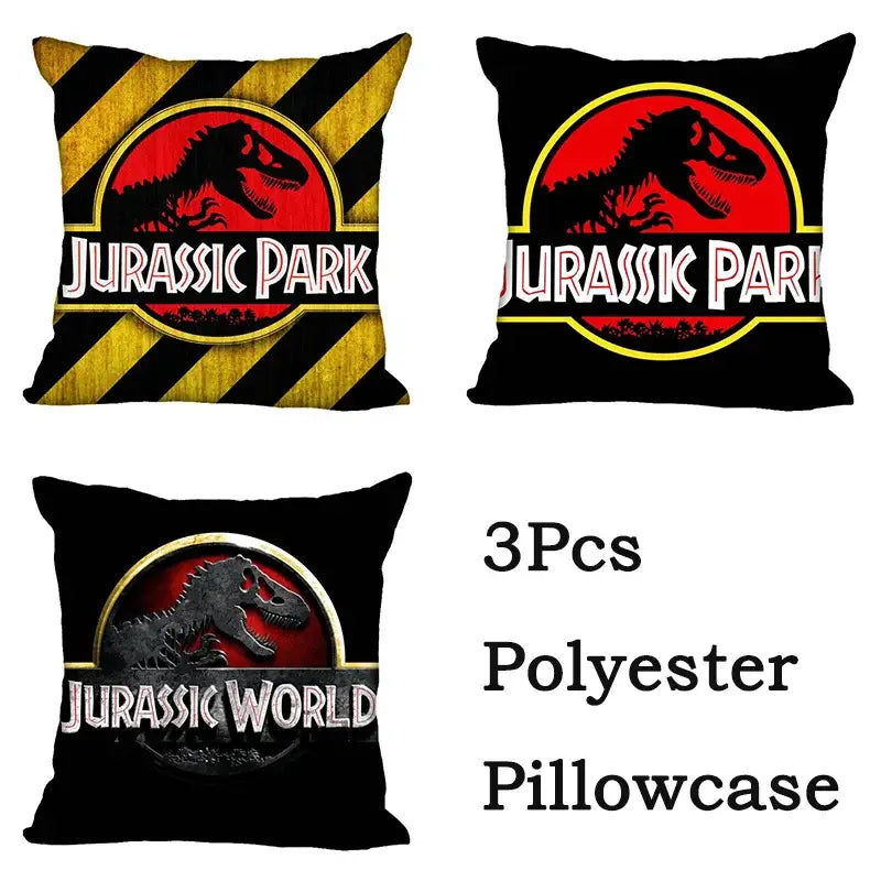 Set of three polyester decorbites jurassic park dinosaur pillowcases with black yellow red and metallic silver designs