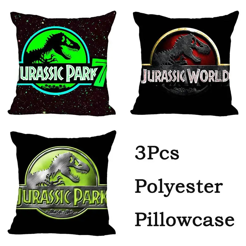 Set of three decorbites jurassic park dinosaur polyester pillowcases with vibrant green silver and red designs on black background