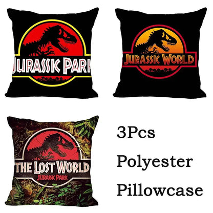 Black polyester decorbites jurassic park dinosaur pillowcase set featuring red circular logos and dinosaur silhouettes