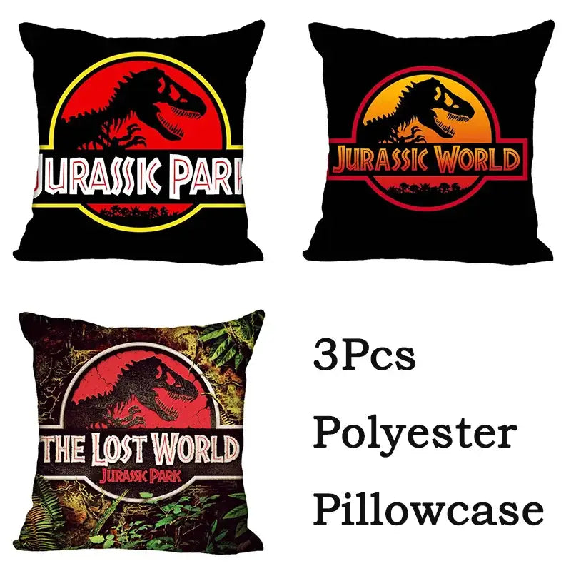 Black polyester decorbites jurassic park dinosaur pillowcase set featuring red circular logos and dinosaur silhouettes