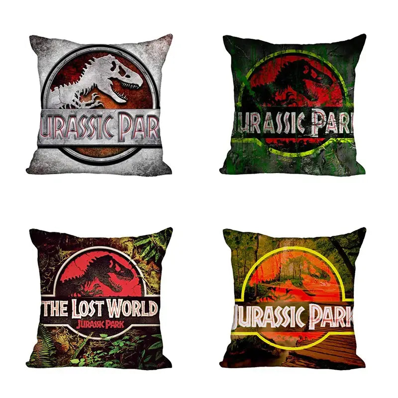 Set of four decorbites jurassic park dinosaur pillowcases featuring iconic logos in various color schemes for living room decor