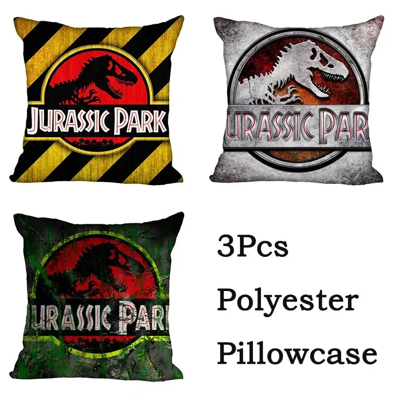 Three vibrant polyester decorbites jurassic park dinosaur pillowcases featuring iconic logos for living room decor
