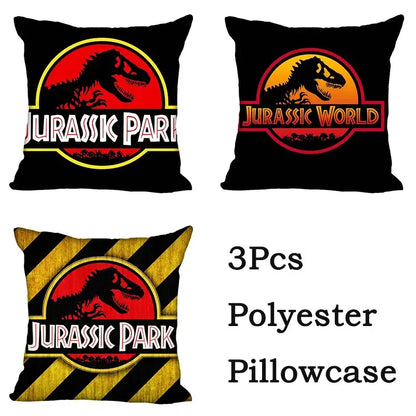 Black polyester decorbites jurassic park dinosaur pillowcase set with red yellow and white logos for living room decor
