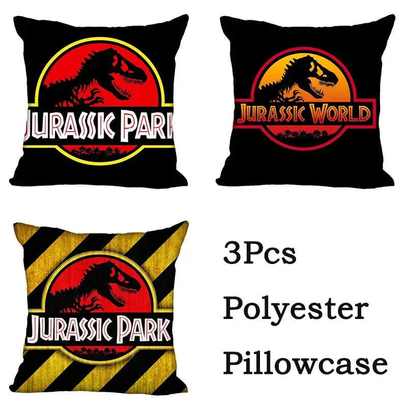Black polyester decorbites jurassic park dinosaur pillowcase set with red yellow and white logos for living room decor