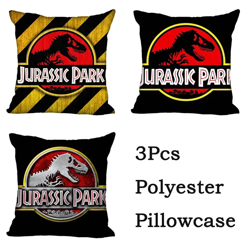 Three decorbites jurassic park polyester pillowcases with red, black, and silver t-rex logo for living room decor