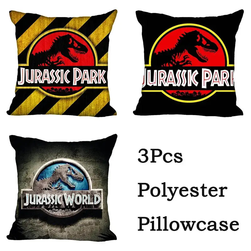 Set of three decorbites jurassic park dinosaur polyester pillowcases with iconic jurassic park logos for living room decor