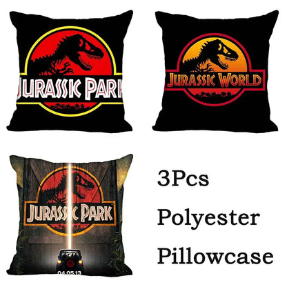 Set of three black polyester decorbites jurassic park dinosaur pillowcases with red yellow and white logos for living room decor