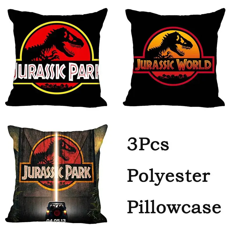 Set of three black polyester decorbites jurassic park dinosaur pillowcases with red yellow and white logos for living room decor
