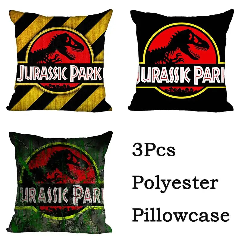 Three decorbites jurassic park polyester pillowcases with vibrant red black and yellow jurassic park dinosaur logos for living room decor