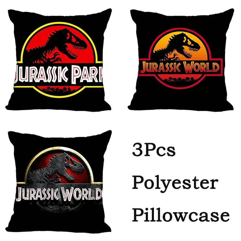 Black polyester decorbites jurassic park pillowcases with red yellow and white jurassic park dinosaur logos for living room decor