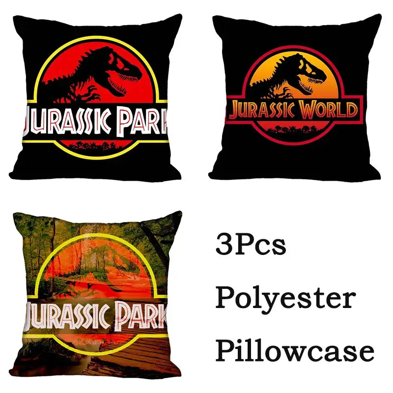 Black polyester decorbites jurassic park dinosaur pillowcase set with red yellow and white logos for living room decor
