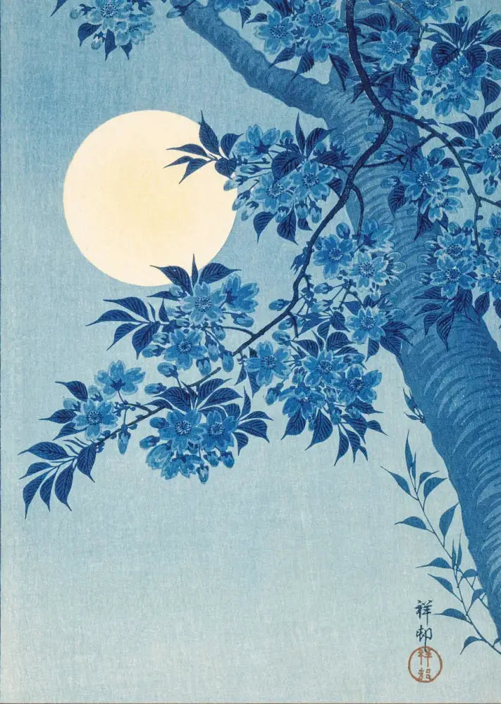 Decorbites™ katsushika hokusai blue waves canvas wall art featuring a serene blue woodblock print of a blossoming cherry branch