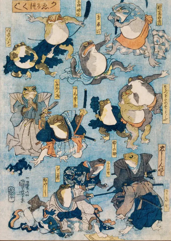 Decorbites™ katsushika hokusai blue waves canvas wall art featuring traditional samurai frogs on light blue background