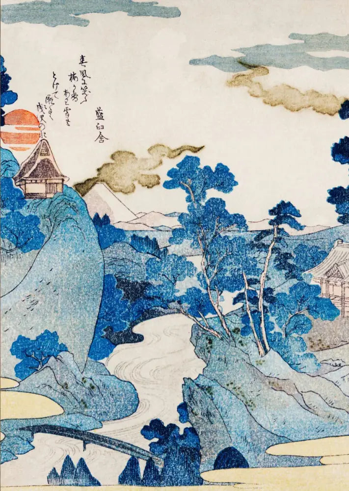 Decorbites™ katsushika hokusai blue waves canvas wall art featuring serene mountain landscape with blue trees and pagodas