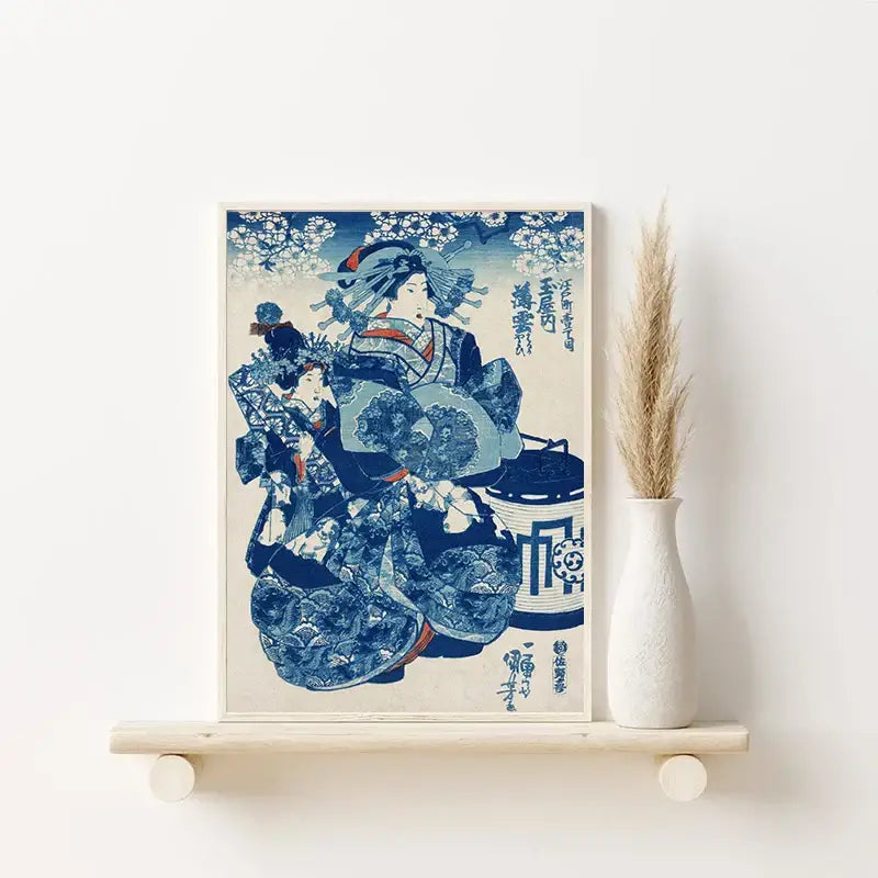 Decorbites™ katsushika hokusai blue waves canvas wall art featuring blue and white japanese woodblock print of a geisha