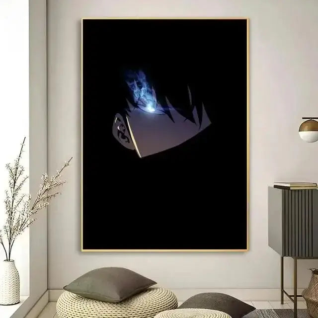 Black-framed anime canvas wall art featuring a character with glowing blue eyes and dark hair from decorbites kawaii cat series