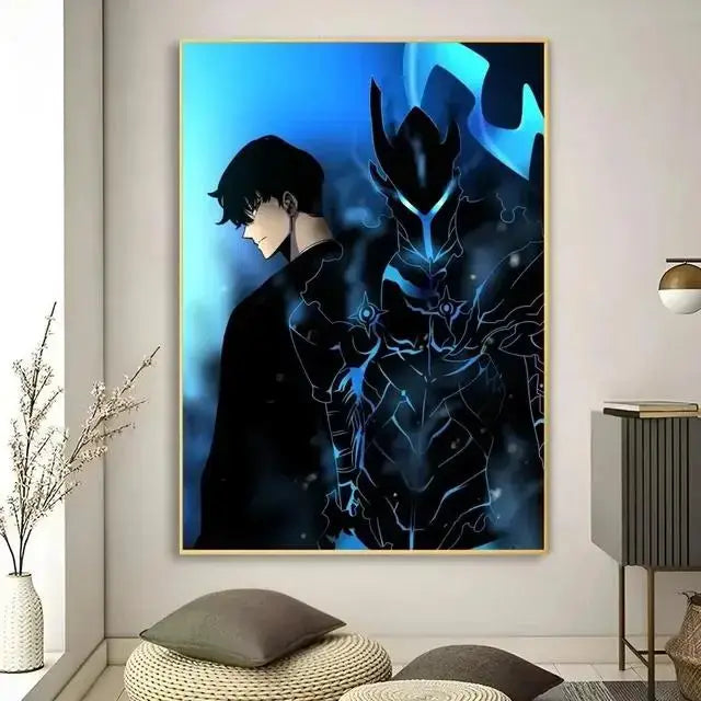 DecorBites™ kawaii cat anime canvas wall art featuring blue and black framed artwork of a dark armor character
