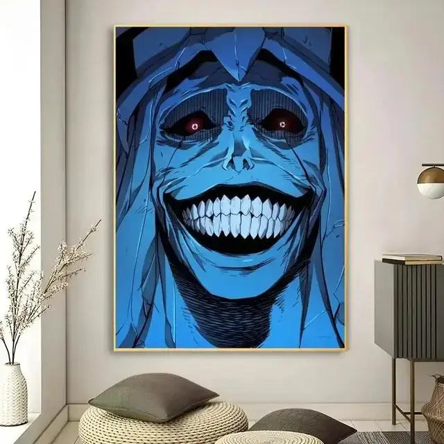 Blue anime canvas wall art of a smiling skeletal figure with glowing red eyes for decorbites kawaii cat collection