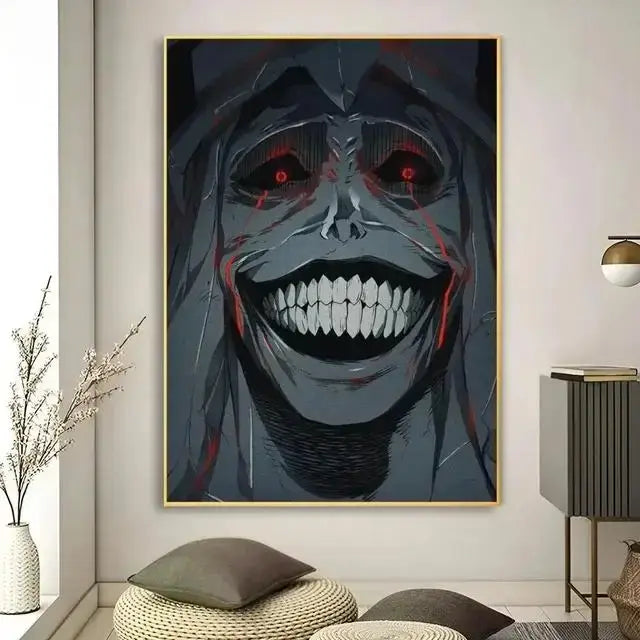 A framed dark anime canvas wall art featuring a stylized cat character with glowing red eyes and exaggerated grin