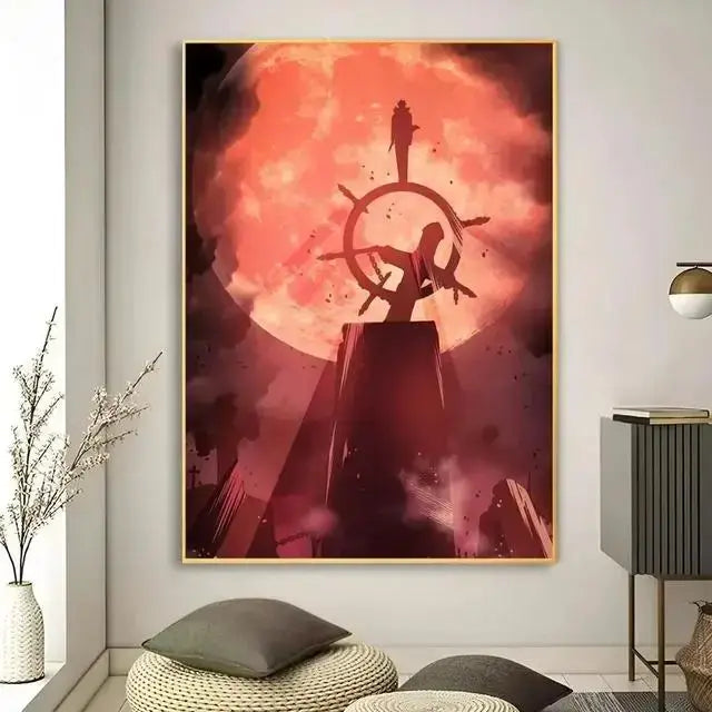 Framed canvas wall art featuring a stylized anime canvas silhouette on a ship wheel against fiery red sky by decorbites