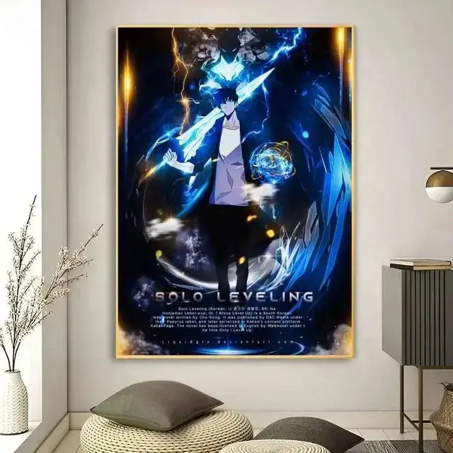 Decorbites™ kawaii cat anime canvas wall art featuring a framed solo leveling anime canvas with blue and black energy weapons