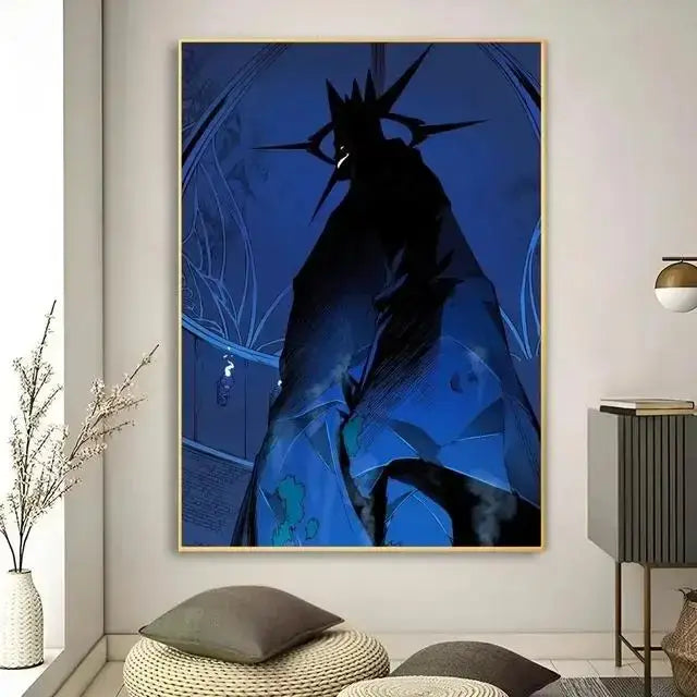 DecorBites™ kawaii cat anime canvas wall art featuring a dark silhouette on deep blue with glowing patterns