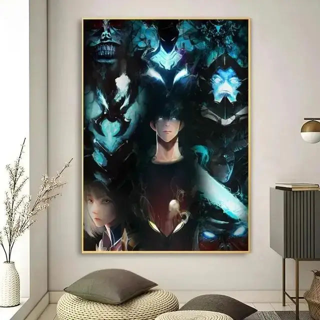 DecorBites™ kawaii cat anime canvas wall art features a framed anime canvas with glowing blue and black demonic faces