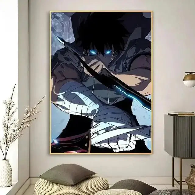 DecorBites™ kawaii cat anime canvas wall art featuring a dark-haired character with glowing blue eyes and sword