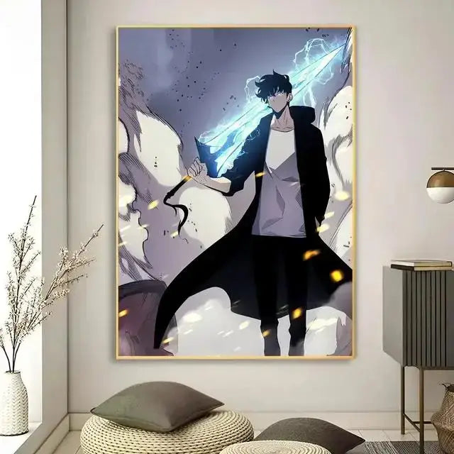 DecorBites™ kawaii cat anime canvas wall art featuring a dark-haired character with a glowing blue sword