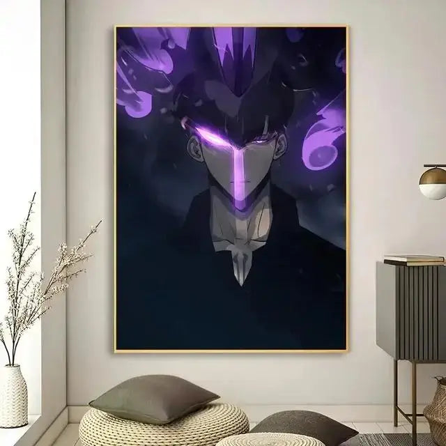 Decorbites™ kawaii cat anime canvas wall art featuring a framed portrait with glowing purple eyes and dark hair