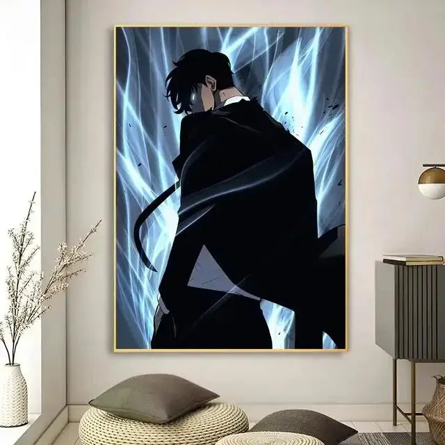 A framed anime canvas wall art featuring a dark-haired male in black coat with dynamic blue background by DecorBites™