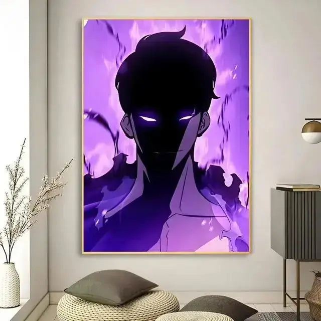 DecorBites™ kawaii cat anime canvas wall art features a purple and black portrait with glowing white eyes in light wood frame