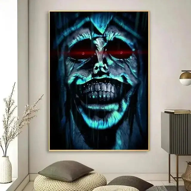 DecorBites™ kawaii cat anime canvas wall art featuring a teal and black horror-themed canvas with glowing red eyes