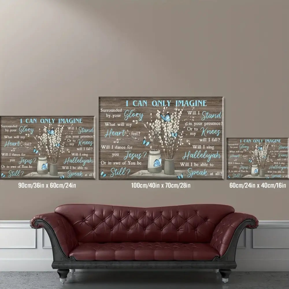 Three framed rustic wooden canvas wall art with white flowers jars blue butterflies featuring i can only imagine text for anime canvas wall