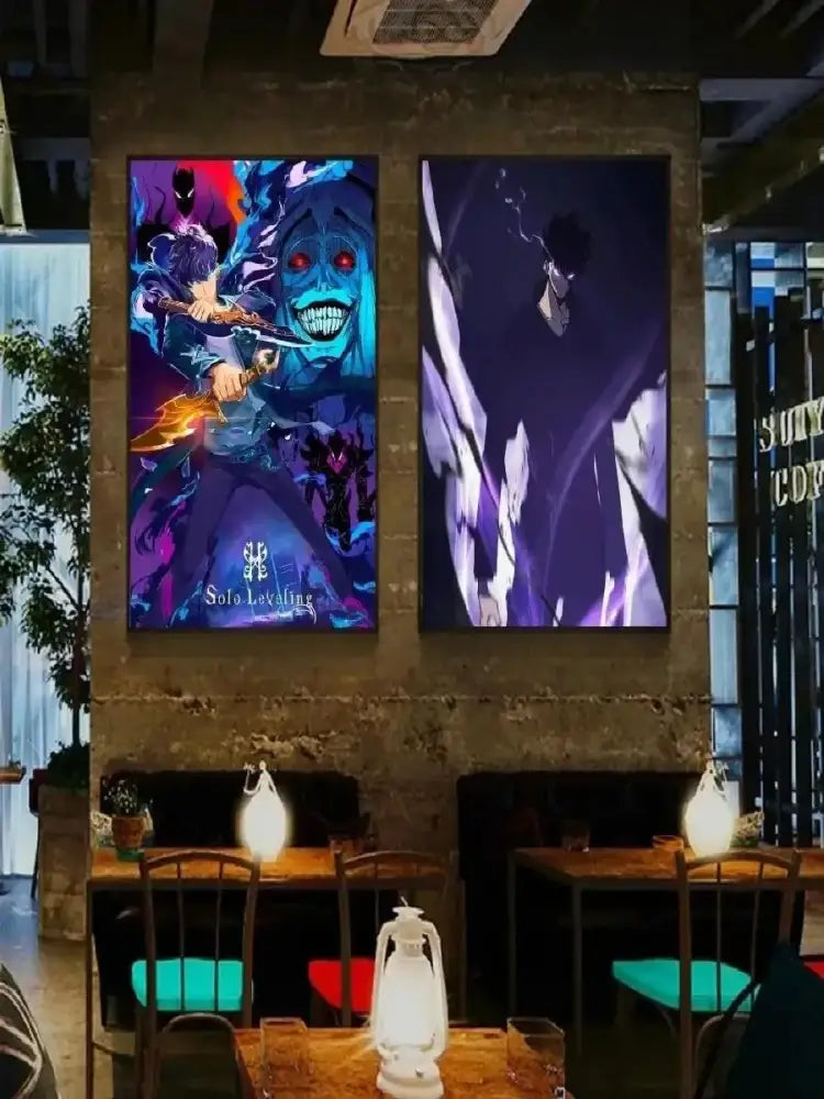 Vibrant blue and purple solo leveling anime canvas wall art posters from decorbites kawaii cat anime canvas displayed on stone wall
