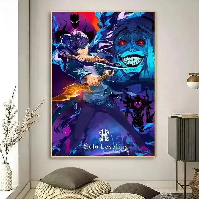 Vibrant kawaii cat anime canvas wall art featuring a character with glowing sword and a ghostly figure with red eyes
