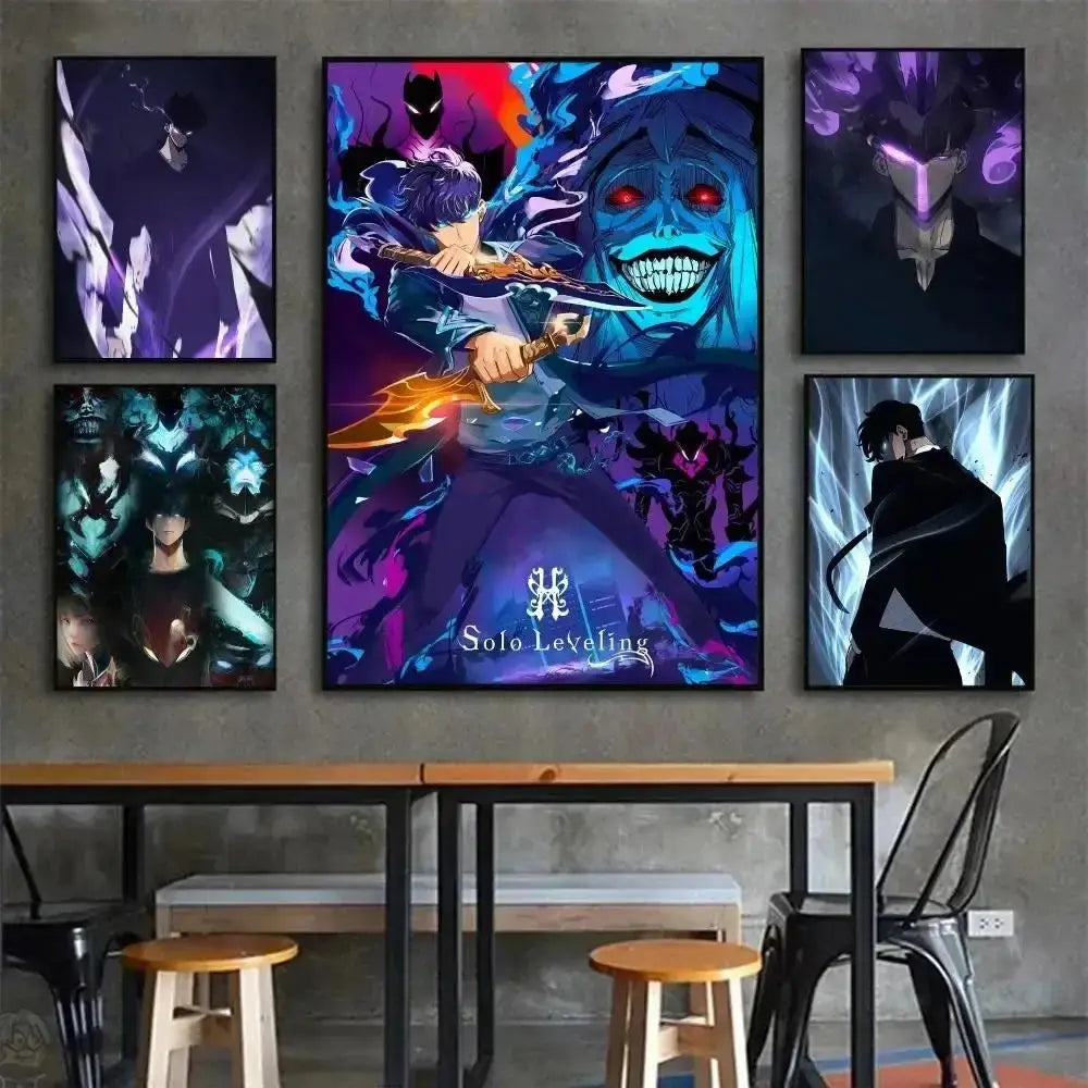 Decorbites™ kawaii cat anime canvas wall art featuring vibrant purple and blue solo leveling anime canvas design