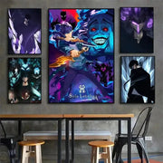Decorbites™ kawaii cat anime canvas wall art featuring vibrant purple and blue solo leveling anime canvas design