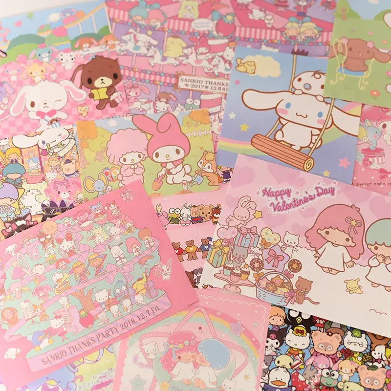A kawaii hellokitty monthly poster set featuring pastel sanrio-themed stationery with my melody and cinnamoroll designs
