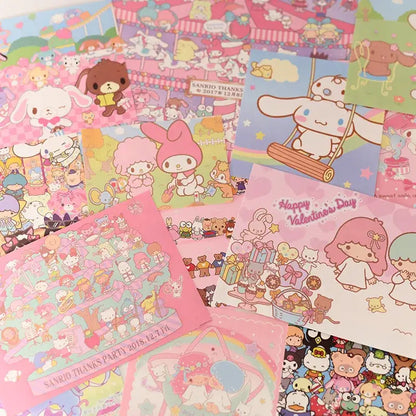 A pastel-colored kawaii hellokitty monthly poster set featuring sanrio characters like my melody and cinnamoroll