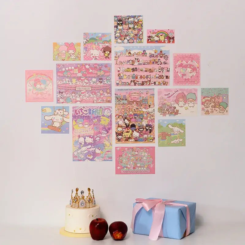 A white cake with a golden crown topper featured in the DecorBites™ kawaii hellokitty monthly poster set product image