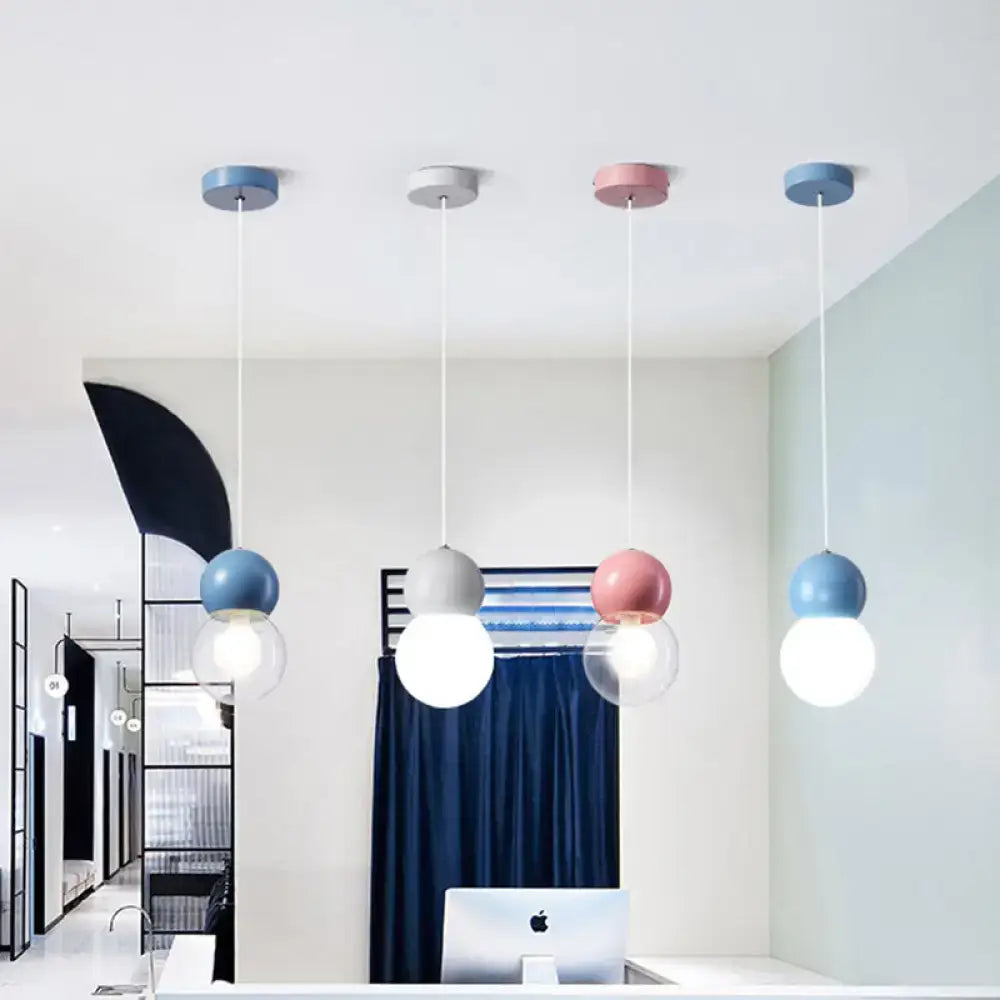 Decorbites kids bedside pendulum light with pastel macaron ceiling pendant in milky glass and matte tops in pink yellow blue