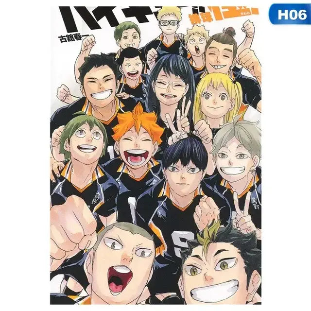 DecorBites™ kids haikyuu volleyball anime canvas wall art featuring black and orange team characters in dynamic poses
