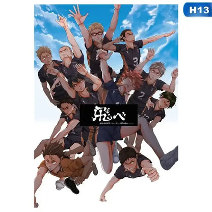 Anime canvas wall art featuring haikyuu volleyball team in dynamic poses against bright blue sky for kids room decor