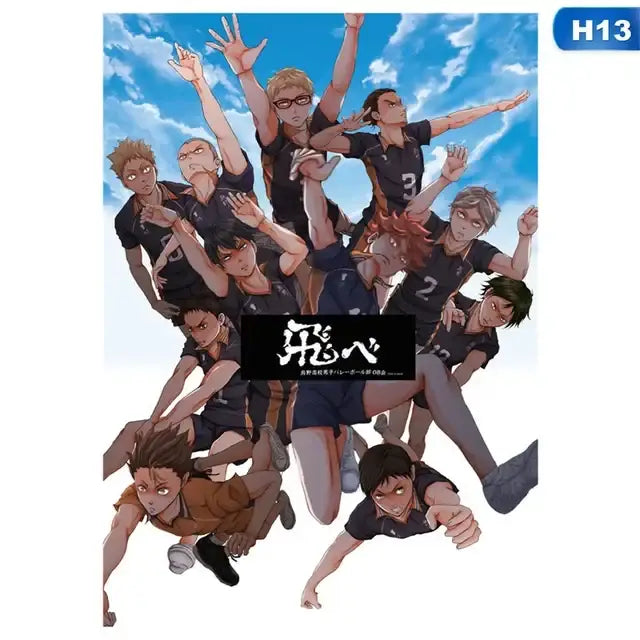 Anime canvas wall art featuring haikyuu volleyball team in dynamic poses against bright blue sky for kids room decor