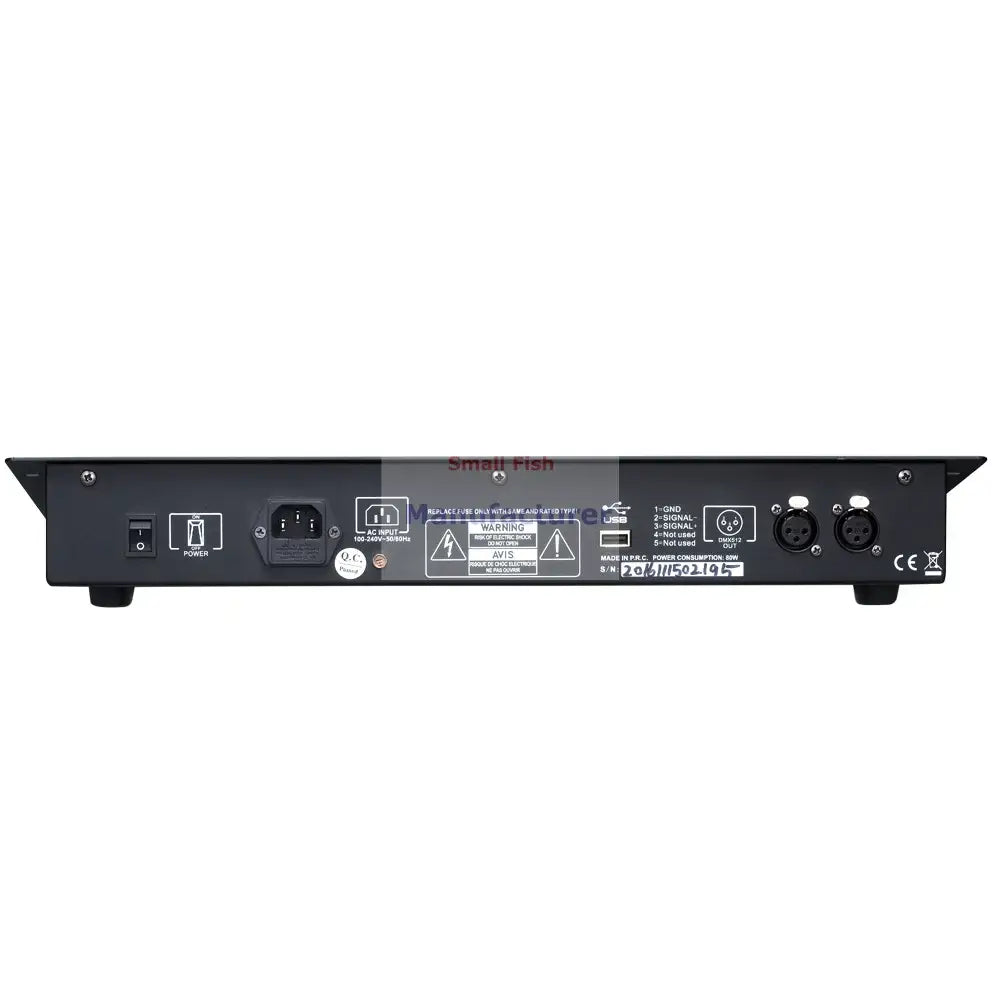 Black metal audio mixer with multiple ports and power switch shown from back in decorbites king kong lighting console