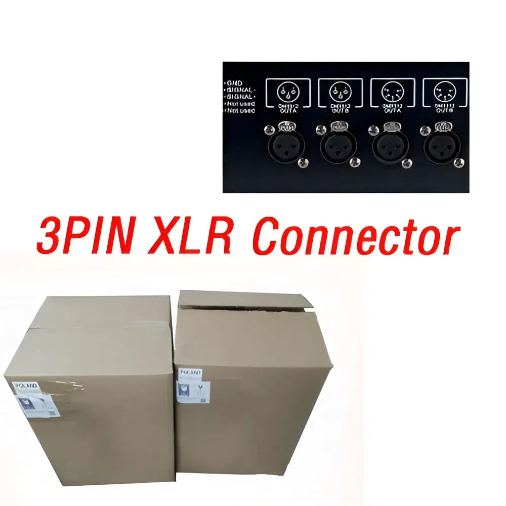 Black 3-pin xlr audio connector with metallic pins and labeled output ports on the back of decorbites king kong lighting console