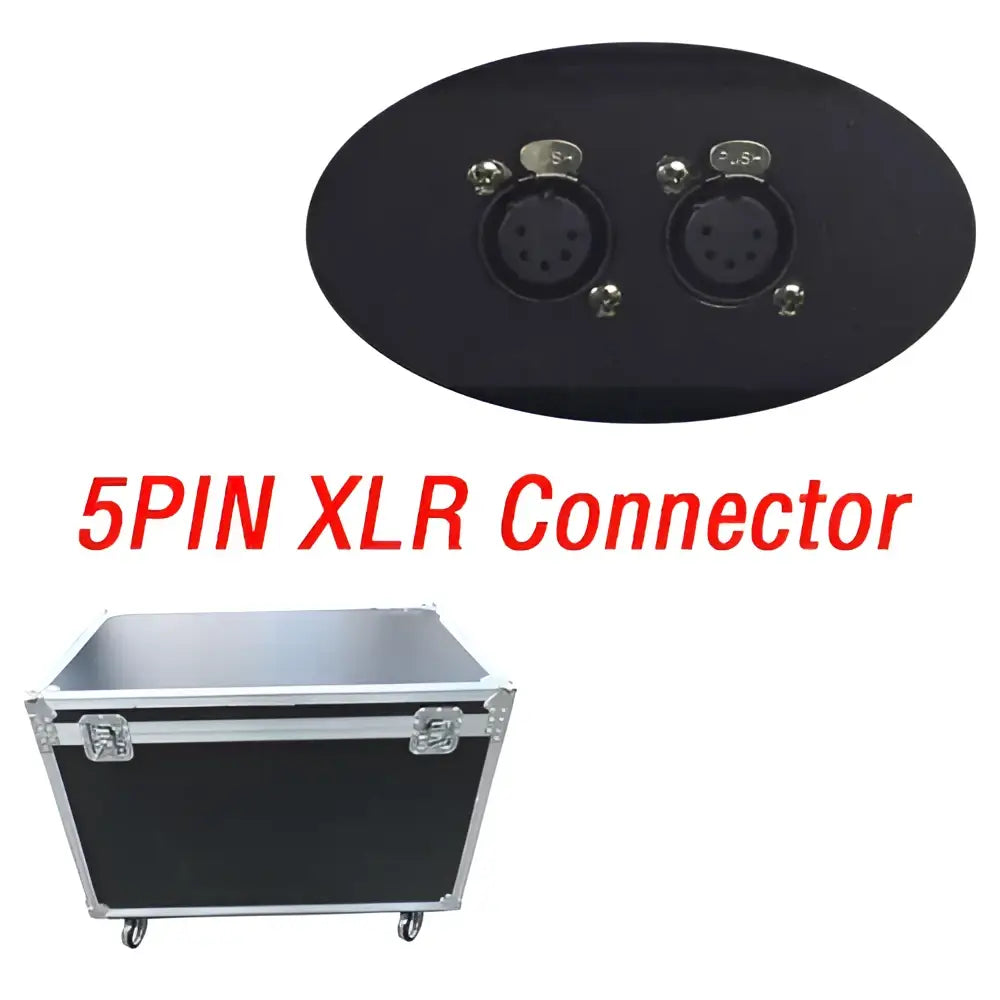 Black 5-pin xlr connector with metallic pins and silver screws in a flight case for decorbites king kong lighting console back side